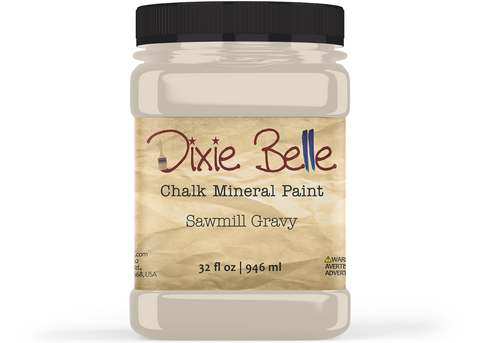 Jar of Dixie Belle Chalk Mineral Paint in Sawmill Gravy color on a white background