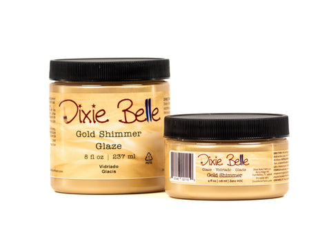 Two jars of Dixie Belle Gold Shimmer Glaze on a white background