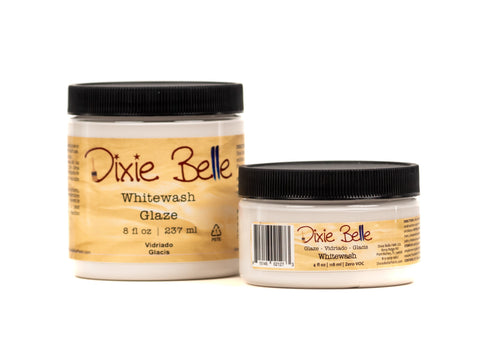 Two jars of Dixie Belle Whitewash Glaze on a white background