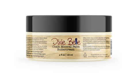 Jar of Dixie Belle Chalk Mineral Paint in Buttercream color on a white background