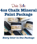 Promotional graphic for a Dixie Belle 4oz Chalk Mineral Paint Package, showing several small jars of paint with black lids and cream labels on a white background, with blue text reading '4oz Chalk Mineral Paint Package' and 'Every Color in One Package'.