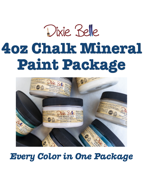 Promotional graphic for a Dixie Belle 4oz Chalk Mineral Paint Package, showing several small jars of paint with black lids and cream labels on a white background, with blue text reading '4oz Chalk Mineral Paint Package' and 'Every Color in One Package'.