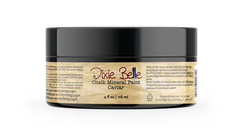 Jar of Dixie Belle Chalk Mineral Paint in Caviar color on a white background