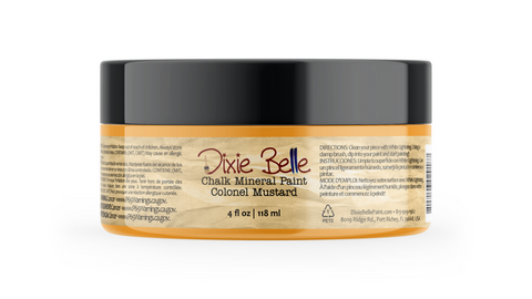 Jar of Dixie Belle Chalk Mineral Paint in Colonel Mustard color on a white background