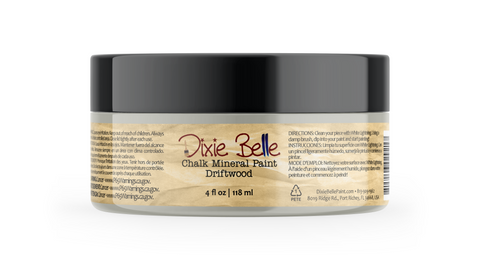 Jar of Dixie Belle Chalk Mineral Paint in Driftwood color on a white background