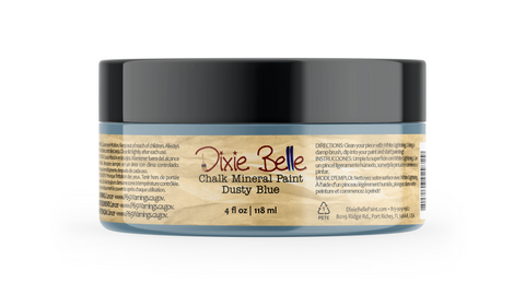 Jar of Dixie Belle Chalk Mineral Paint in Dusty Blue color on a white background