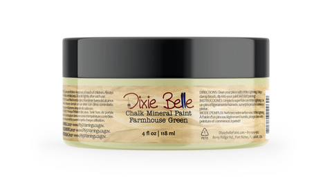 Jar of Dixie Belle Chalk Mineral Paint in Farmhouse Green color on a white background