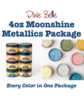 Promotional graphic for the Dixie Belle 4oz Moonshine Metallics Package, showing stacks of metallic paint jars on the left and several open jars displaying different metallic paint colors on the right, with text reading 'Dixie Belle 4oz Moonshine Metallics Package' and 'Every Color in One Package'.