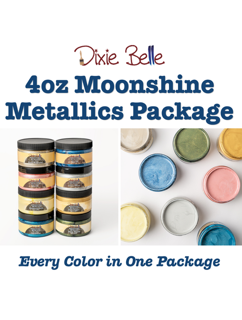 Promotional graphic for the Dixie Belle 4oz Moonshine Metallics Package, showing stacks of metallic paint jars on the left and several open jars displaying different metallic paint colors on the right, with text reading 'Dixie Belle 4oz Moonshine Metallics Package' and 'Every Color in One Package'.