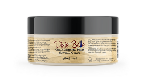 Jar of Dixie Belle Chalk Mineral Paint in Sawmill Gravy color on a white background