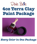 Promotional graphic for the Dixie Belle 4oz Terra Clay Paint Package, featuring a purple background with a paintbrush and paint container, and text stating '4oz Terra Clay Paint Package' and 'Every Color in One Package'.