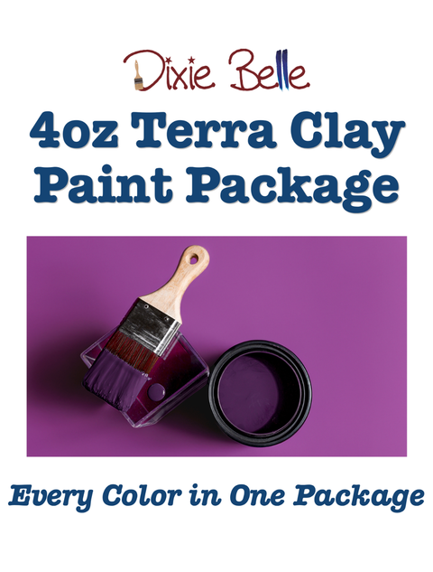 Promotional graphic for the Dixie Belle 4oz Terra Clay Paint Package, featuring a purple background with a paintbrush and paint container, and text stating '4oz Terra Clay Paint Package' and 'Every Color in One Package'.