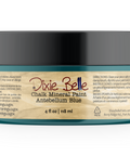 Jar of Dixie Belle Chalk Mineral Paint in Antebellum Blue on a white background