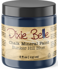 Jar of Dixie Belle Chalk Mineral Paint in Bunker Hill Blue color on a white background