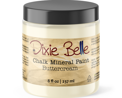 Jar of Dixie Belle Chalk Mineral Paint in Buttercream color on a white background