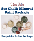 Promotional graphic for the Dixie Belle 8oz Chalk Mineral Paint Package, featuring multiple mineral paint jars in various muted earth tones, two paintbrushes, and bold blue text stating "8oz Chalk Mineral Paint Package" and "Every color in one package" on a white background.
