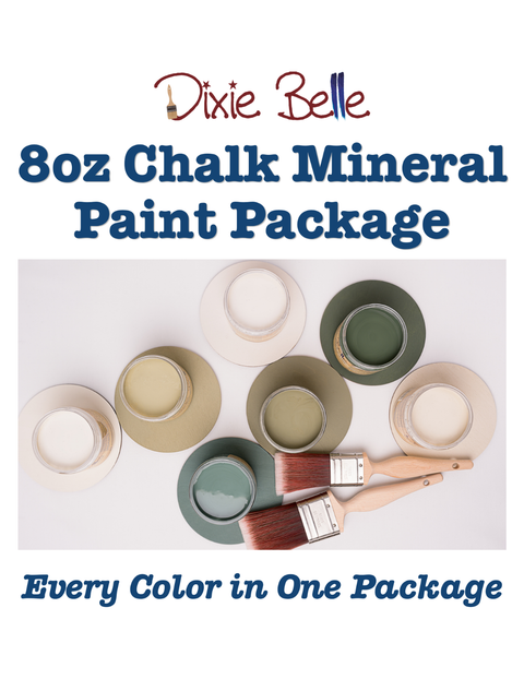 Promotional graphic for the Dixie Belle 8oz Chalk Mineral Paint Package, featuring multiple mineral paint jars in various muted earth tones, two paintbrushes, and bold blue text stating "8oz Chalk Mineral Paint Package" and "Every color in one package" on a white background.