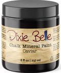 Jar of Dixie Belle Chalk Mineral Paint in Caviar color on a white background