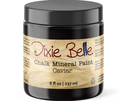 Jar of Dixie Belle Chalk Mineral Paint in Caviar color on a white background
