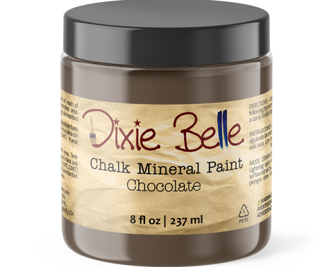 Jar of Dixie Belle Chalk Mineral Paint in Chocolate color on a white background