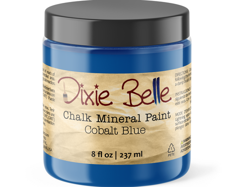 Jar of Dixie Belle Chalk Mineral Paint in Cobalt Blue on a white background