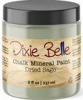 Jar of Dixie Belle Chalk Mineral Paint in Dried Sage color on a white background