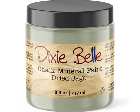 Jar of Dixie Belle Chalk Mineral Paint in Dried Sage color on a white background