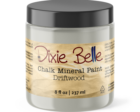 Jar of Dixie Belle Chalk Mineral Paint in Driftwood color on a white background