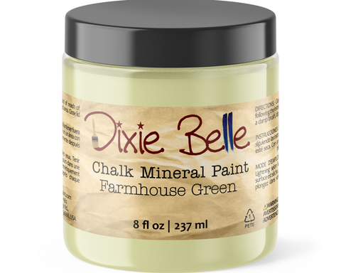Jar of Dixie Belle Chalk Mineral Paint in Farmhouse Green color on a white background
