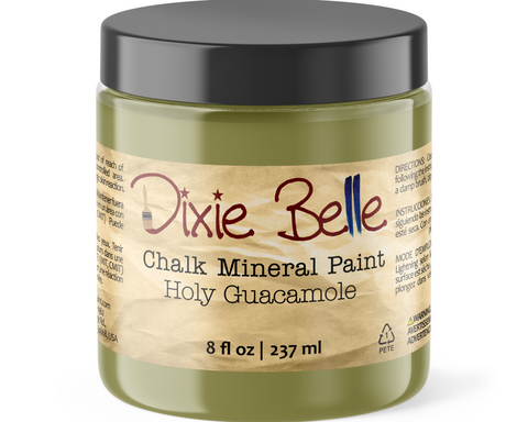 Jar of Dixie Belle Chalk Mineral Paint in Holy Guacamole color on a white background