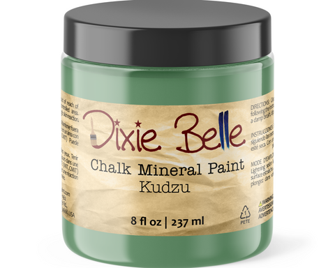 Jar of Dixie Belle Chalk Mineral Paint in Kudzu color on a white background