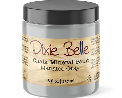 Jar of Dixie Belle Chalk Mineral Paint in Manatee Gray color on a white background