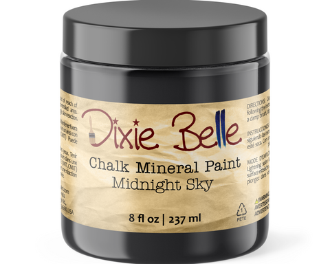 Jar of Dixie Belle Chalk Mineral Paint in Midnight Sky color on a white background