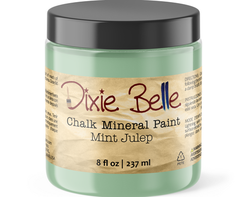 Jar of Dixie Belle Chalk Mineral Paint in Mint Julep color on a white background