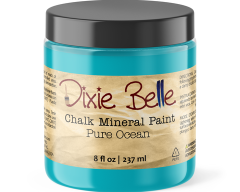 Jar of Dixie Belle Chalk Mineral Paint in Pure Ocean color on a white background