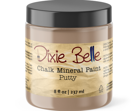 Jar of Dixie Belle Chalk Mineral Paint in Putty color on a white background