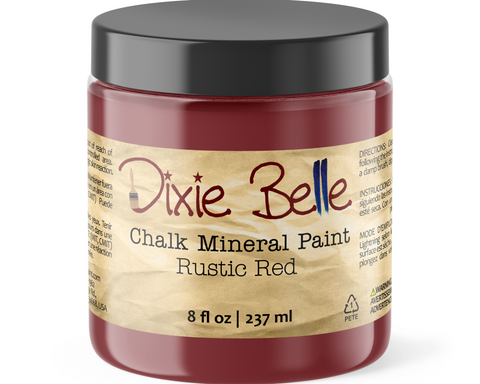 Jar of Dixie Belle Chalk Mineral Paint in Rustic Red color on a white background