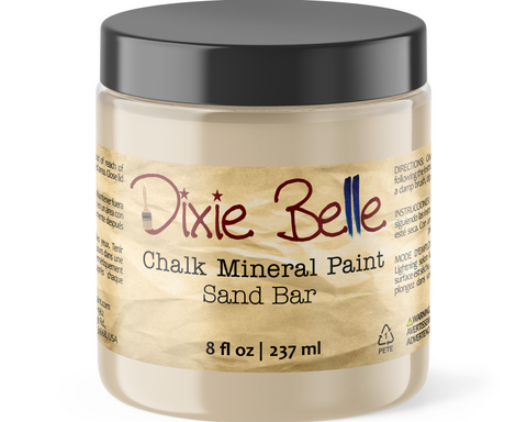 Jar of Dixie Belle Chalk Mineral Paint in Sand Bar color on a white background