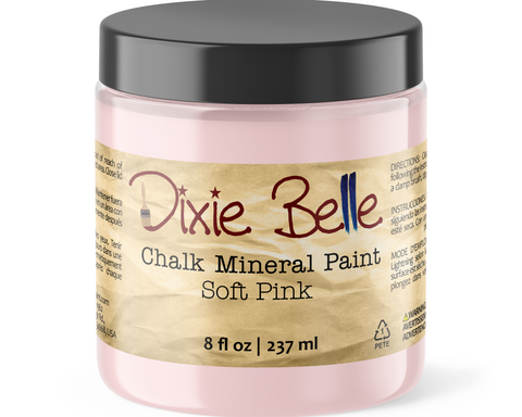 Jar of Dixie Belle Chalk Mineral Paint in Soft Pink color on a white background