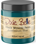 Jar of Dixie Belle Chalk Mineral Paint in Antebellum Blue on a white background