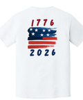White t-shirt with American flag design and '1776 2026' text on a white background