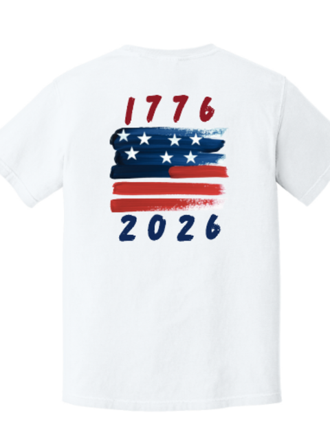 White t-shirt with American flag design and '1776 2026' text on a white background