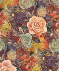 A dense floral pattern featuring large watercolor-style roses in peach, sage green, rust orange, and cream over a mottled purple, gold, and brown background.