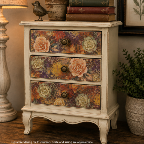 A vintage-style three-drawer nightstand with a distressed cream finish and floral drawer fronts, shown in a styled room setting next to a lamp and potted plant.