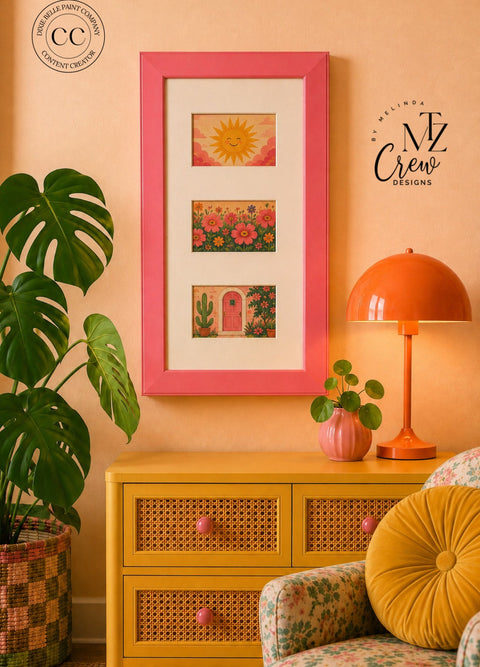 A framed art print with three colorful bohemian-style illustrations is displayed on a peach wall above a yellow cabinet in a styled room setting with a plant, lamp, and chair.