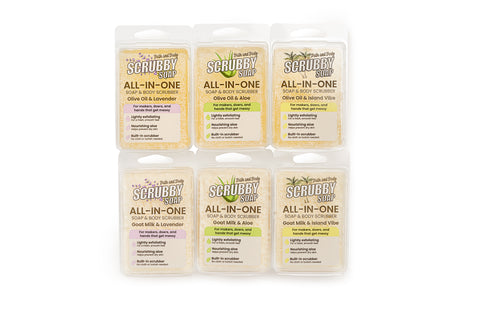 Six packages of Scrubby Soap Bath and Body All-in-One Soap & Scrubbers on a white background