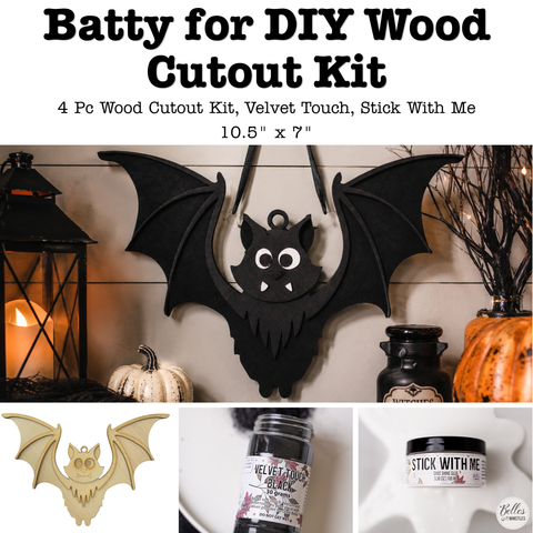 Halloween DIY wood cutout kit featuring a bat-shaped ornament. The main image shows the black bat cutout hanging on a wall with pumpkins and lanterns around it.