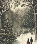 Vintage winter forest illustration with a snow-covered path, bare trees, evergreen trees, a decorated Christmas tree with a star topper, and two people walking while deer stand in the woods.