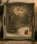 A rectangular decorative serving tray with rounded corners and two side handles, featuring a vintage-style winter forest illustration. The tray has a distressed sage green frame and is shown in a styled holiday setting with a candle, pine branches, and a vase.