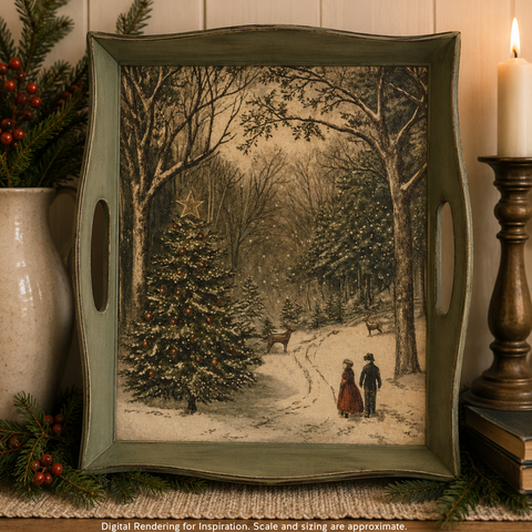 A rectangular decorative serving tray with rounded corners and two side handles, featuring a vintage-style winter forest illustration. The tray has a distressed sage green frame and is shown in a styled holiday setting with a candle, pine branches, and a vase.